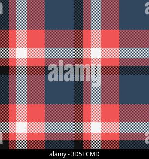 Seamless plaid pattern with pixelated texture. Red, navy, white, and black creates a modern tartan look. For backgrounds, textiles, or graphic designs Stock Vector