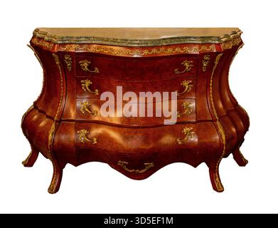 Old vintage carved wooden chest isolated on white Stock Photo