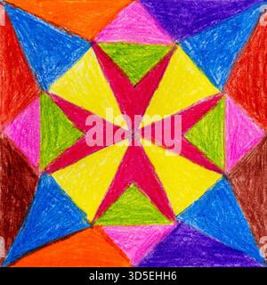 Vibrant geometric starburst pattern with colorful triangles in a kaleidoscope design Stock Photo