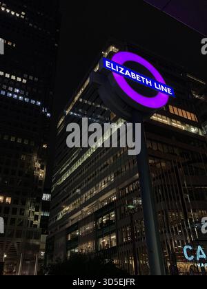 A view of the Elizabeth Line Sign at Canary Wharf Underground Station ...
