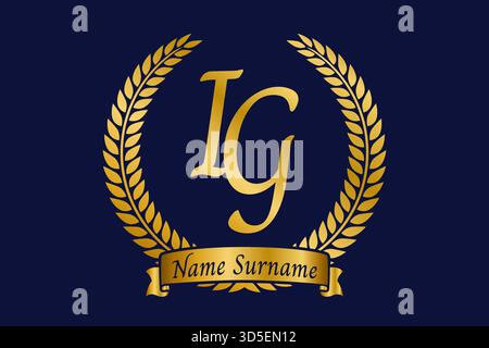 Initial letter I and G, IG monogram logo design with laurel wreath. Luxury golden emblem with calligraphy font. Stock Vector