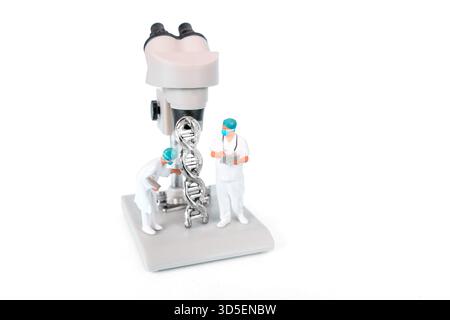 Microscope positioned centrally with a DNA helix model, two miniature  figurines of scientists in lab coats examining genetic material for diagnostics Stock Photo