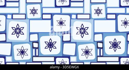 Geometric winter seamless pattern. Blue snowflakes and rectangles on white background. Square frames with rounded corners. Snowflakes in cells. Unusua Stock Vector