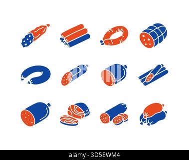 Black glyph icons various deli sausage and smoked meat products, including salami and sliced pieces. Flat minimal vector art perfect for restaurant me Stock Vector