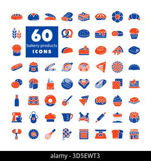 A comprehensive collection of 60 black glyph icons representing various bakery products and kitchen tools. This set is ideal for bakeries, food blogs, Stock Vector