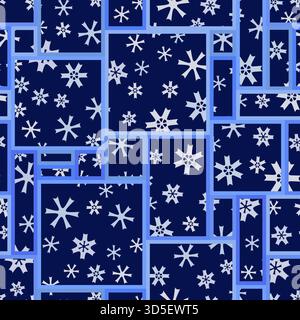 Snowflakes on window. Squares on snowy background. Snowy night. White snowflakes on dark blue background. Unusual winter seamless pattern. Christmas b Stock Vector