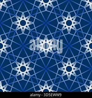 Blue white geometric background of stars. Winter magic seamless pattern of snowflakes. Magical gradient geometric shapes. Complex background in blue g Stock Vector
