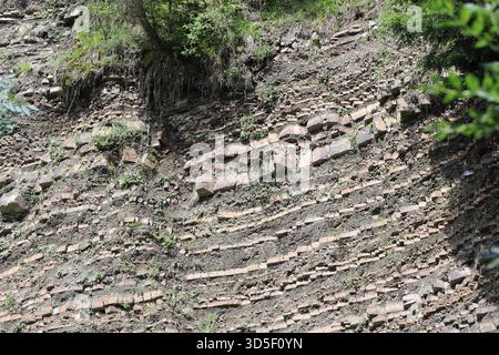 Exposed layers of sedimentary rock. Sandstone rocks. Stock Photo