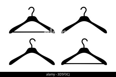 Hanger wardrobe icons. Set of cloakroom black silhouette pictogram. Clothes rack, service symbol. Dry cleaning pattern, clothing store signs Stock Vector
