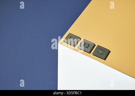 Isometry trendy cube concept. Computer cpu module. Yellow and blue. Retail technology shop. Chip market. Metal pc component. Laptop inside electronic. Stock Photo