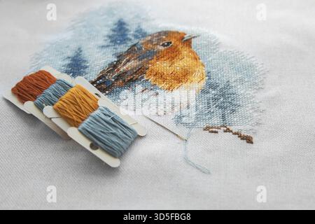 View of the cross stitch process multicolored bird, white canvas, floss threads on bobbins, needle, needlework and cross stitch concept 1 Stock Photo