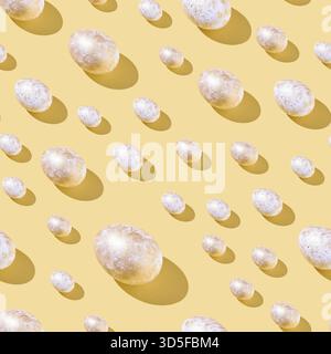 Eggs set. Many food protein. Colorful bright background. Hard shadow. Easter sun pattern. Color decorative paint art. Traditional cuisine top view. Fl Stock Photo