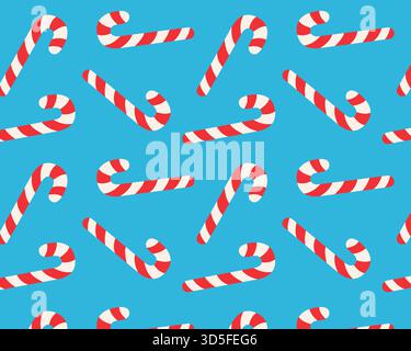 Seamless pattern. Christmas striped candy cane. Isolated blue background. Vector illustration. Stock Vector