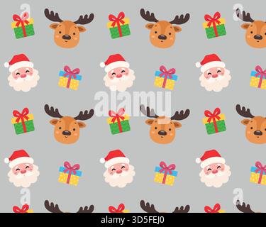 Seamless Christmas pattern. Reindeer, Santa, and gifts. Isolated white background. Vector illustration. Stock Vector