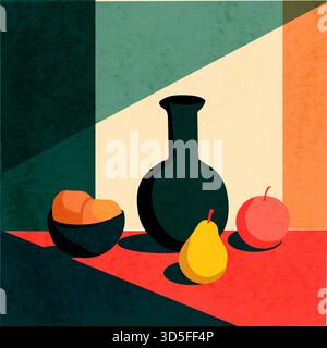 bold minimalist still life with apples pears and vase, flat vector illustration, saturated color blocks, abstract composition, red, ochre, dark green, Stock Vector
