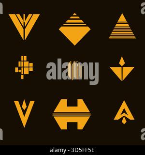 Set of golden brutal logos isolated, minimalism sign flat vector symbol, line shape Stock Vector