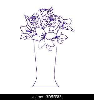 Line art bouquet of roses and lilies in vase isolated. Doodle sketch spring, summer flower. Stock Vector