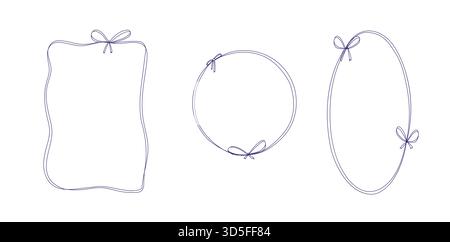 set of Scallop line frames whimsical style.Scallop border wavy line. Vector flat. Wavy line decorative whimsical border frames with bow. Stock Vector