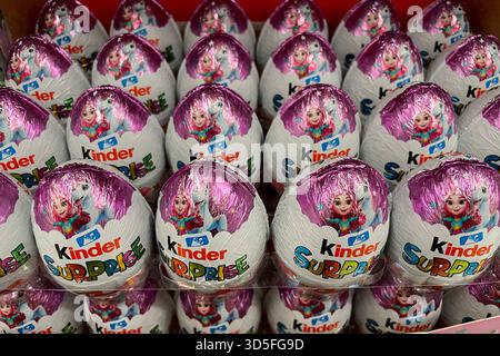 Bar, Montenegro, 30 October 2025, Kinder surprise eggs on the shelf of supermarket grocery store Stock Photo