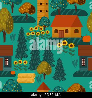 Seamless vector pattern of rustic countryside houses, sunflowers, pumpkins, autumn flat retro style Stock Vector