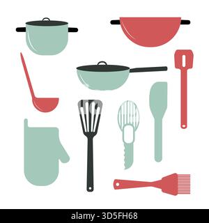 Set of kitchen appliaances, pot, chopper, pan. Flat vector isolated Stock Vector