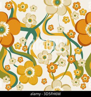 Seamless groovy flower pattern, bloom background, 70s wallpaper, yellow, orange, green abstract Stock Vector