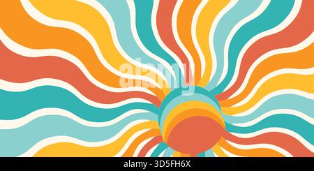 Groovy sun beam background, retro wallpaper summer psychedelic line nature flat vector Stock Vector