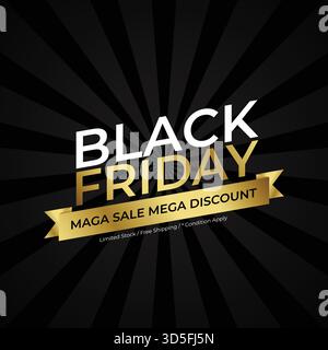 Black Friday Mega Sale Mage Discount, Limited time offer banner with sunflare black background, dark black gradient, and bold red shapes Stock Vector