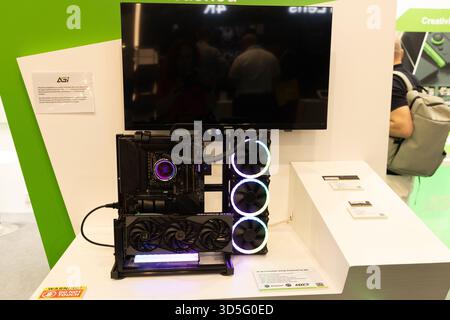 Berlin, Germany - September 09, 2025: IFA.Berlin. Gaming PC setup features liquid cooling system and modern components on display Stock Photo