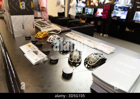 Berlin, Germany - September 09, 2025: IFA.Berlin. Gaming mice are showcased on a sleek table with copy space for design elements Stock Photo