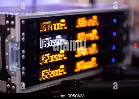 Close up of vocal wireless system and microphones. Selective focus. Stock Photo