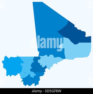 Map of Mali with regions. Just a simple country border map with region division. Light blue color palette. Stock Vector