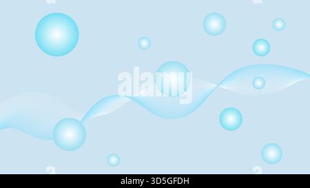 Minimal abstract background with glowing blue spheres and smooth flowing wave lines on a light blue backdrop, vector illustration Stock Vector