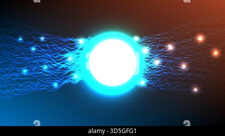 Futuristic glowing energy sphere radiating blue and orange light with flowing digital wave lines, vector illustration Stock Vector