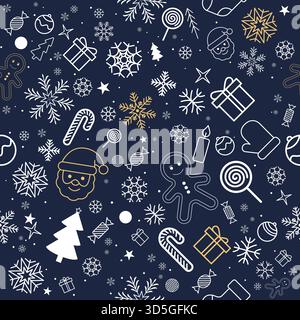 Decorative seamless pattern featuring Christmas symbols in white and gold on navy background, perfect for holiday design, vector illustration Stock Vector