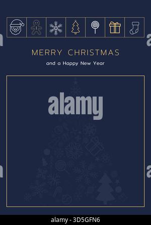 Minimalist navy blue and gold Christmas greeting card with festive icons and modern typography, vector illustration Stock Vector