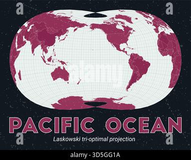 Laskowski tri-optimal projection world map, centered on the Pacific Ocean, featuring a Pale Mint and Dark Pink color palette with a vintage texture. Stock Vector
