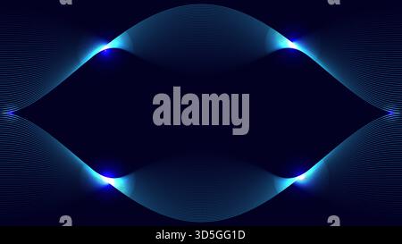 Abstract glowing blue wave lines forming a symmetrical futuristic pattern on a dark background, vector illustration Stock Vector