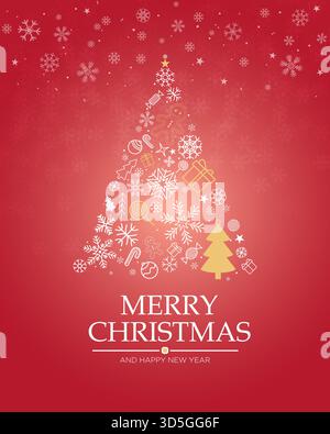 Elegant Christmas tree made of holiday icons on a red background with Merry Christmas and Happy New Year message, vector illustration Stock Vector