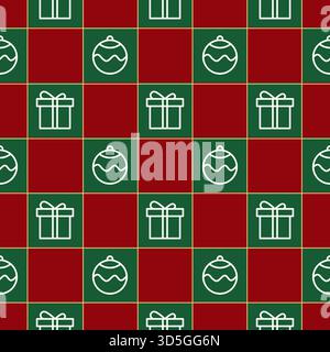 Seamless holiday pattern featuring gift box and ornament line icons on red and green squares, Perfect for Christmas designs, vector illustration Stock Vector