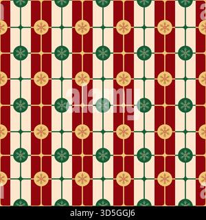 A seamless repeating geometric pattern featuring Christmas colors, alternating stripes and stylized gold and green snowflakes within circles Stock Vector