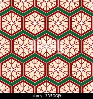 A seamless repeating geometric pattern featuring stylized star or snowflake shapes within intricate red hexagons framed by thick green lines, Classic Stock Vector