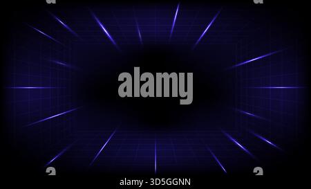 A futuristic or retro 80s style background with a deep blue glowing neon perspective grid extending into darkness, framed by bright light streaks Stock Vector