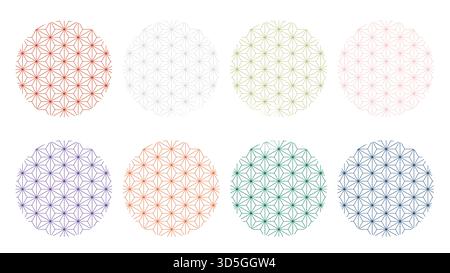 Collection of eight circular Asanoha patterns in various pastel and bold colors, inspired by traditional Japanese geometric design, vector illustratio Stock Vector
