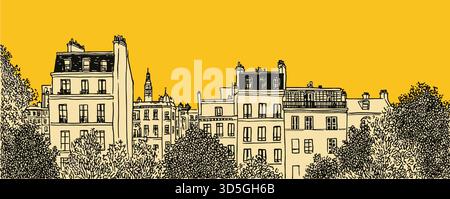 The image is a drawing of a cityscape with tall buildings and a tree. The buildings are yellow and black, and the tree is in the foreground Stock Vector
