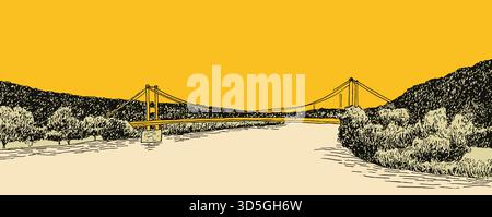 A bridge spans a river with a yellow sky in the background. The bridge is suspended over the water, and the sky is filled with clouds Stock Vector