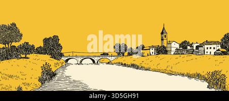 A yellow and orange background with a bridge and a church in the foreground. The bridge is over a river and the church is in the distance Stock Vector