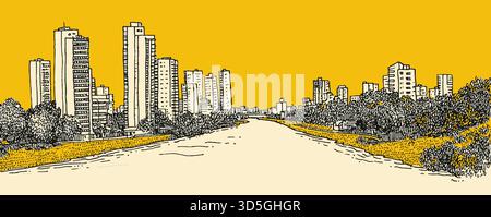 A city street with tall buildings in the background and a yellow sky Stock Vector