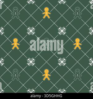 Playful holiday seamless pattern with gingerbread men and snowflakes on a green background, perfect for festive packaging, textiles and seasonal desig Stock Vector