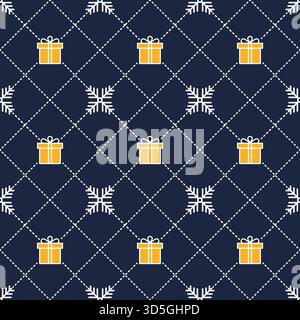 Festive seamless pattern featuring yellow gift boxes and white snowflakes on a dark blue background, perfect for holiday design and seasonal decor Stock Vector